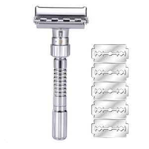 Adjustable Double Edge Safety Razor Blades, Zinc Alloy Chrome Razors with 5 Blades