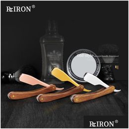 Scheermessen Blade Riron Barbershop Handleiding Scheermes Met Houten Handvat Clipon Fold Scheerapparaat Voor Mannen Haar Knippen Drop levering Genezen Dhbo3