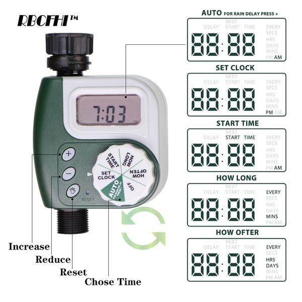 RBCFHI 6 Tipos de Temporizador de agua Garden Sensor de lluvia Solar Programable Automático Electrónico LCD Pantalla Temporizador de agua del jardín doméstico