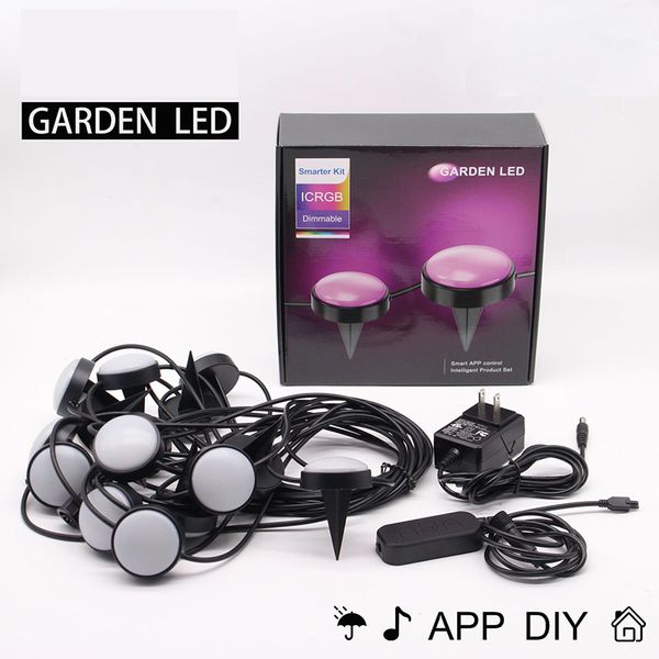 RBG Lawn Light String Light 15 led Music Sync Bluetooth App Contrôlé 12V 10M pour Paysage Jardin Cour Décoration Éclairage Extérieur