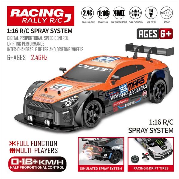 RC 24G 4WD 1/16 Voiture de dérive à grande vitesse à pulvérisation à grande vitesse Deux types de pneus Édition classique Voiture de course professionnelle pour cadeaux 240105