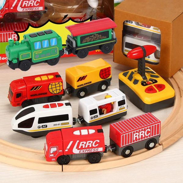 Ensemble de Train électrique RC, Locomotive télécommandée, Train magnétique moulé sous pression, jouet adapté aux jouets de voie ferrée en bois 240131