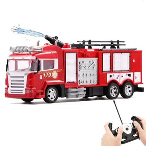 RC Sprinkler Fire Truck Modèle sonore et lumineux Véhicule électrique Onekey Camions de pulvérisation d'eau Simulation Cadeaux Jouets pour enfants 240305