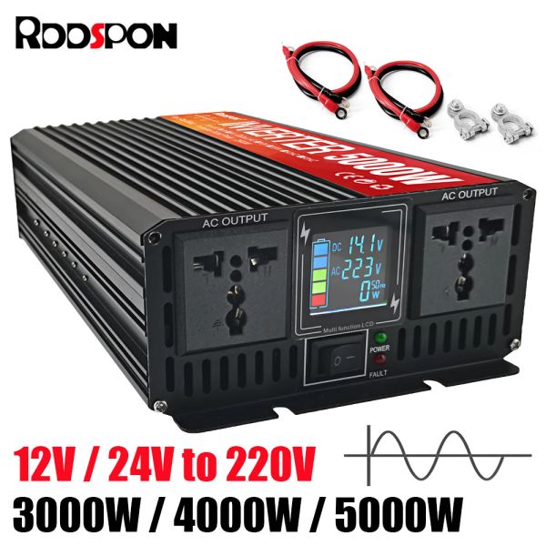 Rddspon Pure Sine Wave Inverter 3000W 4000W 5000W Double socket LCD Affichage DC 12V 24V à AC 220V Convertisseur de tension Alimentation