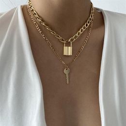 RE rétro serrure à clé pendentif Double couche collier créatif mode géométrique Alphabet collier femmes bijoux accessoires 278Q