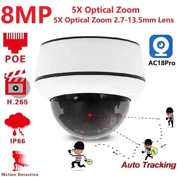 Lectores 4K 8MP Cámara de seguridad POE DOME AUTERANA 5X Óptico ZOOM Twoway Audio Sendero automático Cámara CCTV para el hogar con memoria CardAc18Pro