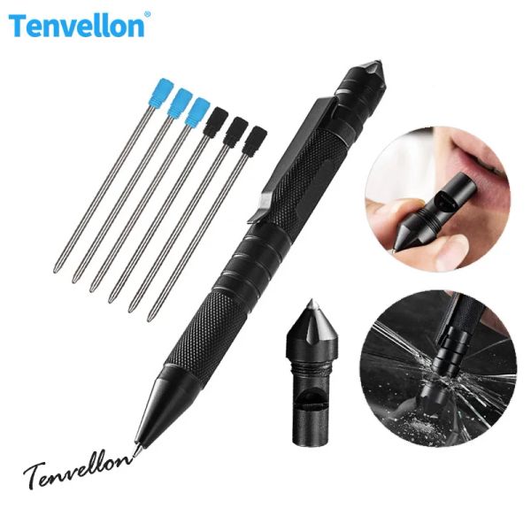 Lecteurs Tenvellon Tactical Pen Autofense fournit les fournitures d'urgence Écriture Whistle Pen Tungsten Steel Security Protection EDC