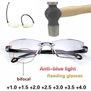 Reading Glasses Men Women Rimless Reading Glasses Anti Blue Light Bifocal Far Near Magnification Eyewear Presbyopic Glasses 150 200 231012