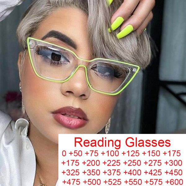 Lunettes de lecture Unique Transparent Vert Cat Eye Cadre De Luxe Designer Néon Lunettes Cadres Femmes Dioptrie 1.5 2 230508