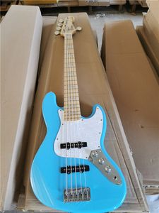 Guitare basse électrique 5 cordes avec Pickguard Whte Pearl, corps bleu, personnalisable, prête en stock