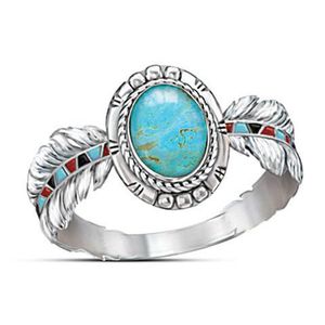 Prêt Stock Luxueux Ovale Turquoise Gemme Bague Femmes Bohème Plume Style 925 Bague En Argent Bijoux Cadeaux pour Fête Anniversaire