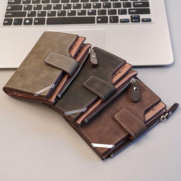 Portefeuille masculin en gros de stock prêt, portefeuille en cuir à trois tort rétro, portefeuille de permis de boucle fonctionnel vertical