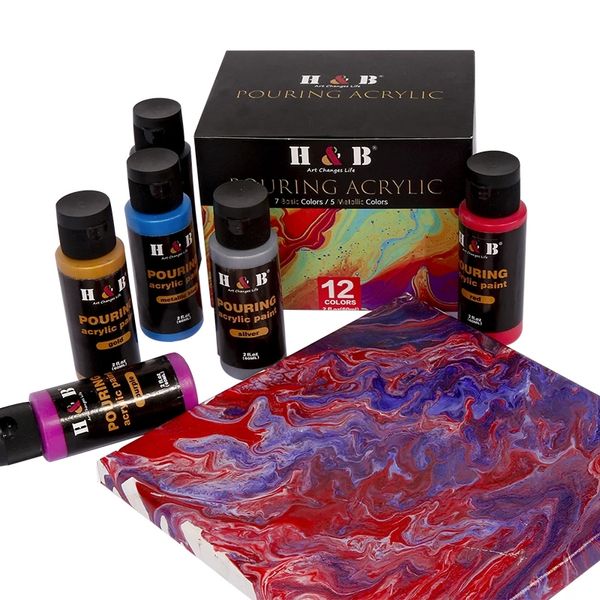 Ensemble de peinture à versement acrylique prêt à verser en acrylique, 12Colors 60 ml de fluides bouteilles de bricolage pour surfaces toile étirée, bois, argile sèche à l'air