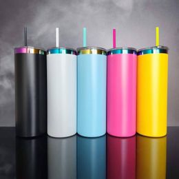 Vasos rectos de acero inoxidable chapados en arcoíris de colores mezclados con recubrimiento en polvo listos para enviar, vasos de viaje con tapa a prueba de fugas y pajita de colores para grabado láser