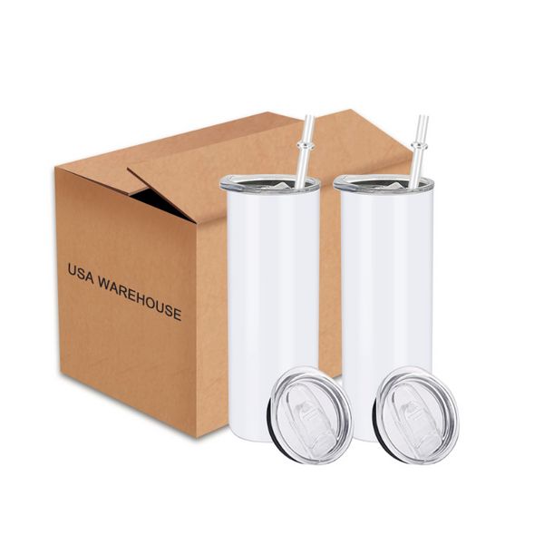 Listo para enviar Tazas de sublimación de 20 oz Tazas de café de doble pared en blanco Vasos rectos aislados de acero inoxidable con pajita JY08