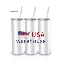 Prêt à expédier 20 oz blanc blanc en acier inoxydable Sublimation gobelers de voiture droite Mugs USA CAN CANDHON 0516