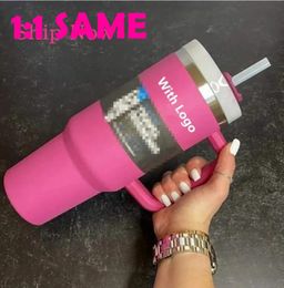 Klaar voor verzending 40oz Hot Rose Pink Tumblers Cups Mokken met handvat Geïsoleerde Tumblers Frosted Deksels Stro RVS Koffie Thermos Cup Amerikaanse voorraad E1228