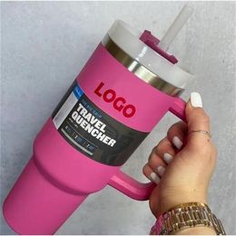 Klaar voor verzending 40oz Quencher Adventure-waterflessen met handvat Geïsoleerde bekers Deksel Stro Roestvrij staal Koffie Termos Cup Wit249A