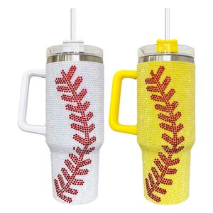 Prêt à expédier 40OZ blanc jaune Baseball strass double paroi en acier inoxydable gobelet avec poignée et paille tasse de camping en plein air isolée sous vide 20pack