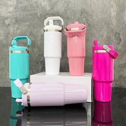 Klaar om buiten reisglas te verzenden 30 oz blanco sublimatie glanzende macaron gekleurde drinktumbler waterflesbekers met flipstro en draagbare handgreep voor doe -het -zelf print