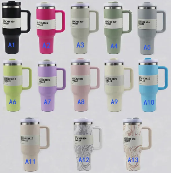 Prêt à expédier Quencher Gobelets de 40 oz H2.0 Tasses en acier inoxydable Poignée en silicone Couvercle Paille Voiture de 2e génération Tasses de 40 oz Bouteilles d'eau 20 couleurs H0236