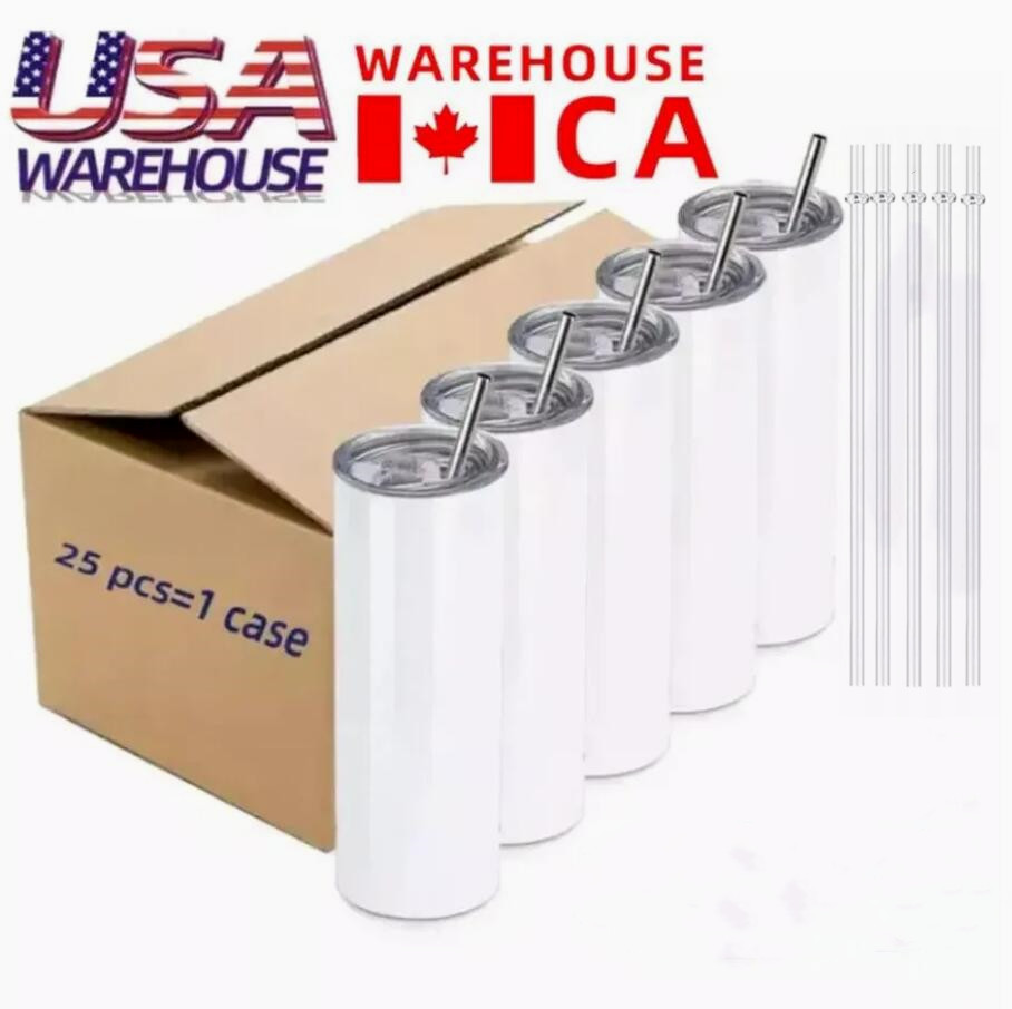 CA USA Warehouse 25pc/카톤 승화 텀블러 20oz 스테인리스 스틸 이중 벽 단열 뚜껑이있는 뚜껑과 열전기를위한 빨대가있는 직선 블랭크 컵 컵