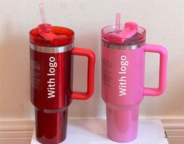 Echte 1:1 ster roze rood 40oz Quencher Tumblers Cosmo Parade Flamingo Co-Branded Valentijnsdag Cadeaubeker 40oz RVS FlowState Quencher Roze Deksel Stro Auto Mok