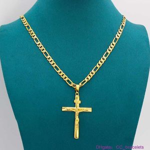 Echte 10k geel massief fijn goud GF Jesus Cross Crucifix charme grote hanger 55mm 35mm Figaro ketting 24