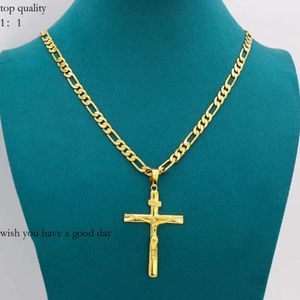 Echte 10K Geel Solid Fine Gold Gf Jesus Cross Crucifix Charm Big Pendant 55*35mm Figaro Chain Necklace 412