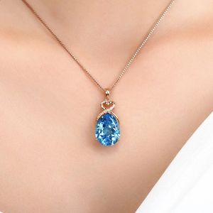 Véritable 14 K or Rose 3 Carats saphir pierre pendentif femmes naturel bleu pierre précieuse 14 K collier bijoux 240125