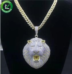 Real 14K Gold Jewelry Mens Iced Out Big Lion Head Pendant avec chaîne de liaison cubaine Collier Hip Hop Rapper Accessoires de mode6291962