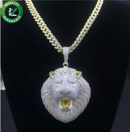 Real 14K Gold Jewelry Mens Iced Out Big Lion Head Pendant avec chaîne de liaison cubaine Collier Hip Hop Rapper Accessoires de mode7097012