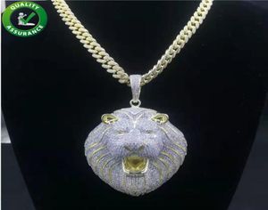 Véritable bijoux en or 14 carats pour hommes, pendentif tête de lion glacé avec chaîne à maillons cubains, collier Hip Hop, accessoires de mode rappeur 8301310