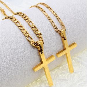 Echt 14K Geel Solid Fine Gold Gf Jesus Cross Crucifix Charm Big Hanger Figaro Chain ketting