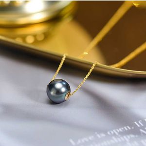 Réel 18K pour les femmes, collier de perles noires de Tahiti pendentif chaîne en or jaune bijoux