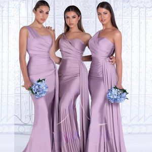 Real 2023 Rose roze Lovertjes Lange ZEEMEERMIN Bruidsmeisjekleding Sexy een schouder Geplooide Backless Formele Jurk Party Vestido De Festa