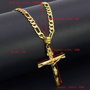 Echte 24K Geel Solid Fine Big Pendant 18ct Thai Baht G F Gold Jesus Cross Crucifix Charm 55 35mm Figaro Chain Nicklace198p