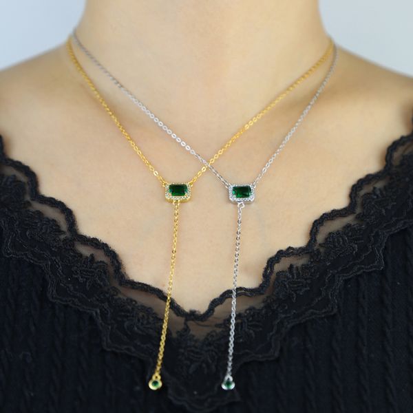 Real 925 Serling Silver Green Square Drop Cz cubic Zircon Sexy Y Lariat Long Clavicule Chain Multi-couche Collier de cou collier