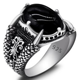 Anillo de plata real 925, anillo de garra antiguo fresco para hombre, piedra natural ovalada, ágata negra, joyería Retro de Hip Hop, joyería Punk, gota 240220