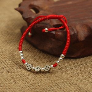 VRAI 925 STERLING STERLING ARGENT Pièces de monnaies Perles de corde rouge chanceux Bracelet à la main Fortune Bracelet Amulette Bijoux