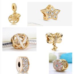 Vero argento sterling 925 a forma di perla CZ Charms in oro giallo Fascino europeo Fit Pandora Bracciale fai da te per le donne Jewelry207b