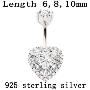 Bague de nombril en argent sterling 925 véritable pour femmes, bijoux de piercing en forme de cœur fin, S925 6 8 10 mm, barre de nombril en zircon