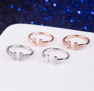 Réel 925 Sterling Silver CZ Diamond Wedding RING double T ring Bijoux bague pour femme amant anneaux or rose et argent color1936253