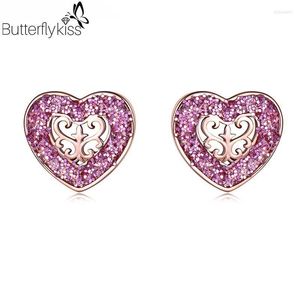 Real 925 Sterling Silver Oorbellen voor vrouwen hartvorm roze pailletten oorstudeer luxe fijne sieraden geschenk aan vriendin Dale22