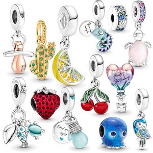 Real 925 Sterling Silver Mooie Parrot Chameleon Charms Bead Lemon Slice Cherry Pendant Fit Original Pandora Bracelet Charm