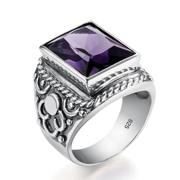 Réel 925 Sterling Silver Men Ring Big Amethyst Signet Hommes Anneaux À La Main Designer Rectangle Gemstone Party Vintage Bijoux 211217