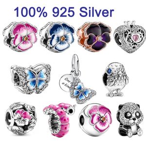 Real 925 Sterling Silver Tipo original Shiny Pink Butterfly Flower Charm Fit para DIY Pandora Bracelet Adecuado para joyería de mujer accesorios de moda entrega gratuita