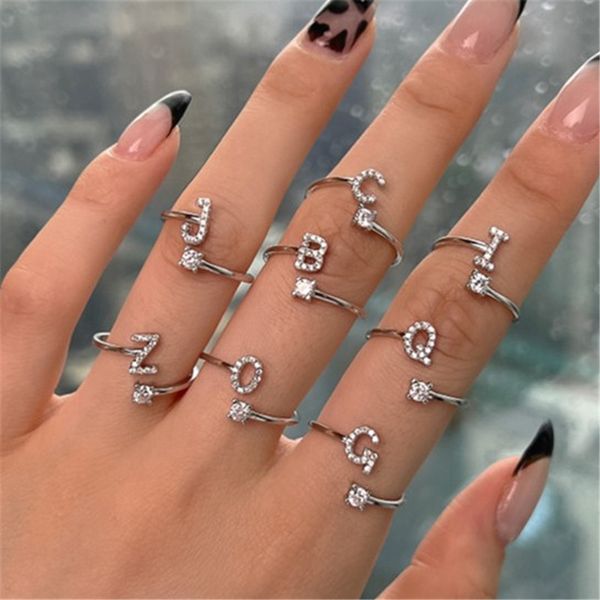 Real 925 anillo de plata esterlina letra A-Z aberturas anillos ajustables joyas de lujo anillo de diseñador de zirconia para mujer Teen Girls Party con caja Tamaño 5-9 Calidad superior