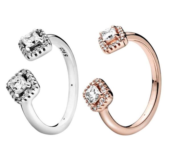 Véritable 925 Sterling Silver Square Sparkle Bague ouverte en or rose Femmes Designer de mariage Bijoux Boîte originale pour diamant P CZ Rin5770077
