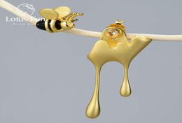 REAL 925 Boucles d'oreilles en argent sterling Bijoux faits à la main 18k abeille en or et gouttes d'oreille asymétrique miel dégoulinant pour les femmes GIED40754205801391